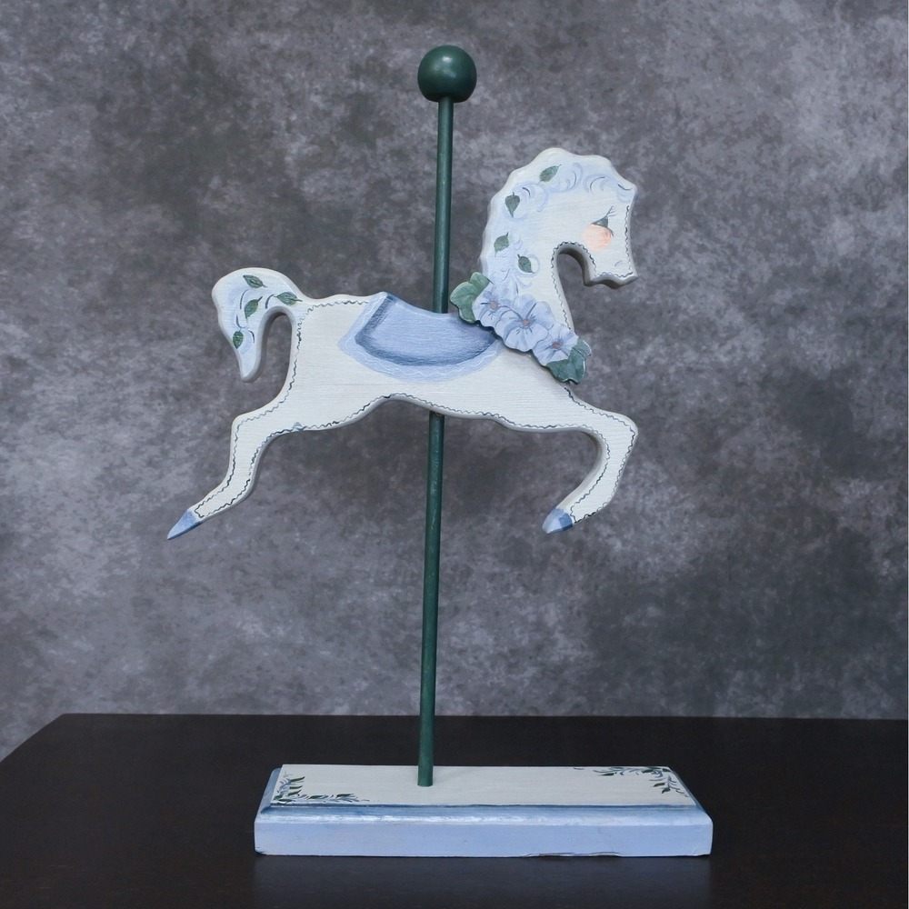Vintage Hand Painted Wooden Folk Art Blue Green Floral Carousel Horse